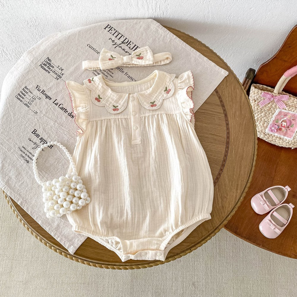 Baby Girls Cherry Embroidered Collar Fly Sleeves Simple Bodysuit