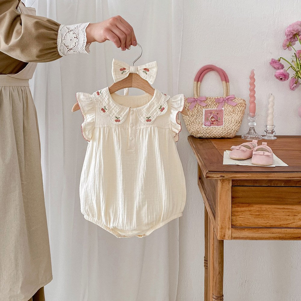 Baby Girls Cherry Embroidered Collar Fly Sleeves Simple Bodysuit