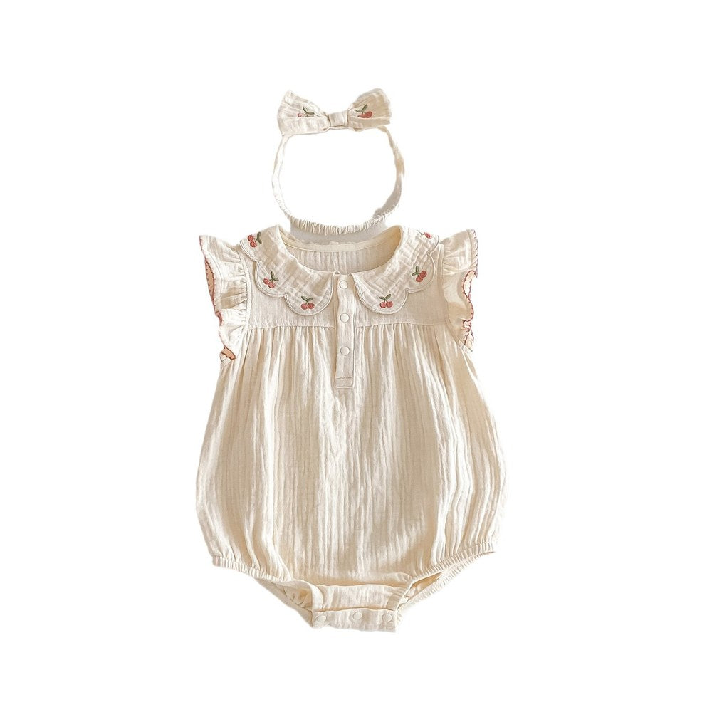 Baby Girls Cherry Embroidered Collar Fly Sleeves Simple Bodysuit