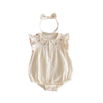 Baby Girls Cherry Embroidered Collar Fly Sleeves Simple Bodysuit