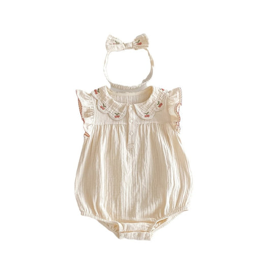 Baby Girls Cherry Embroidered Collar Fly Sleeves Simple Bodysuit