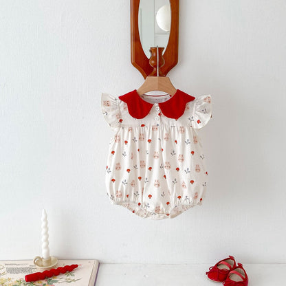 Baby Girls Mushrooms Print Fly Sleeves Peter Pan Collar Bodysuit