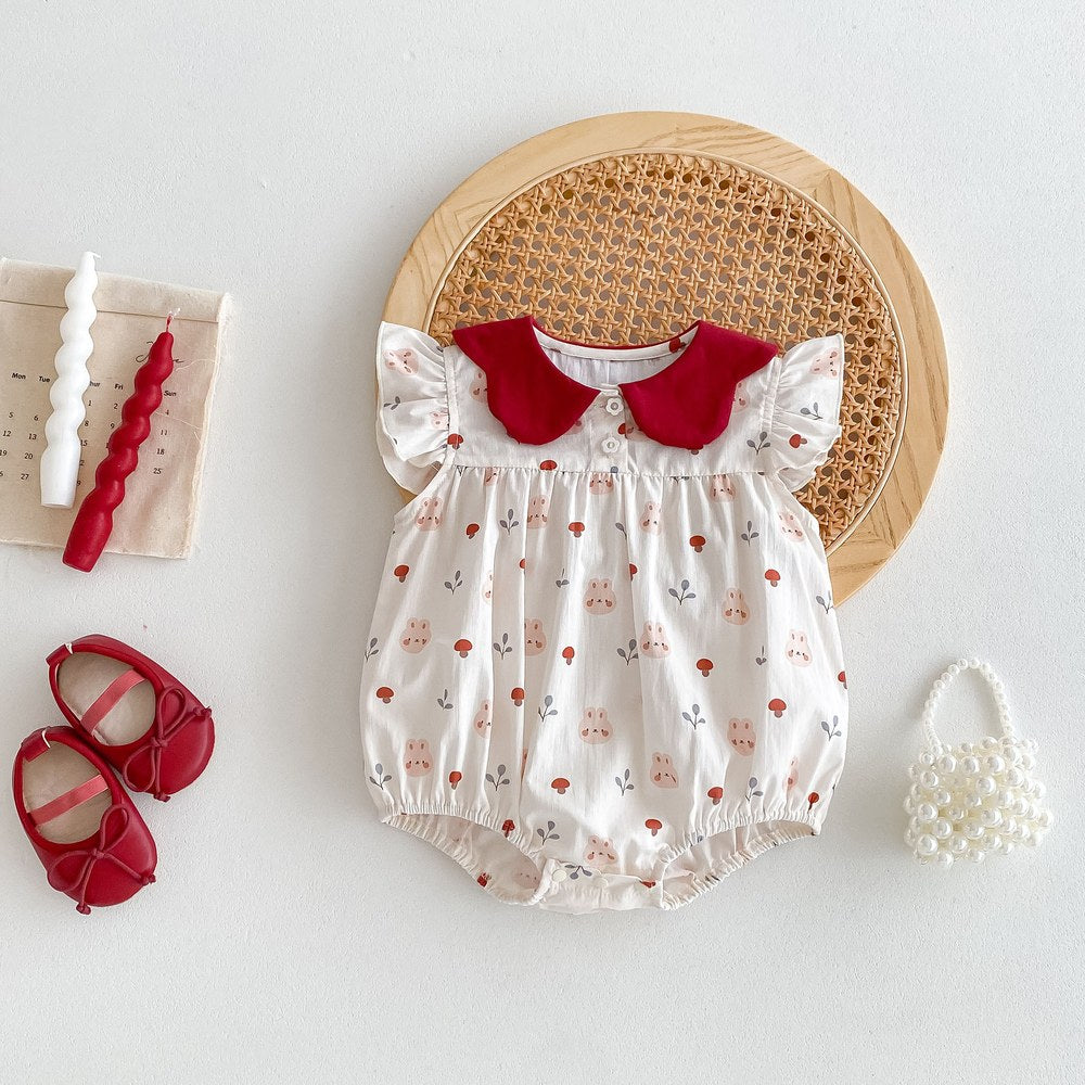 Baby Girls Mushrooms Print Fly Sleeves Peter Pan Collar Bodysuit