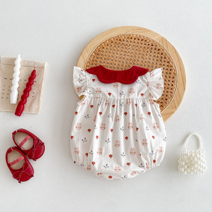 Baby Girls Mushrooms Print Fly Sleeves Peter Pan Collar Bodysuit