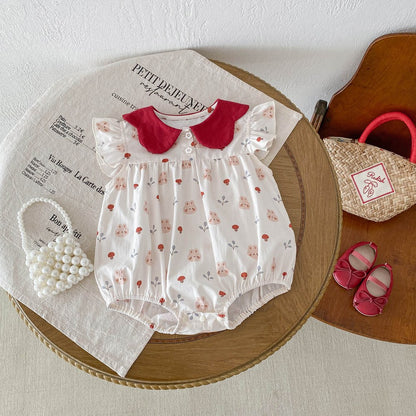 Baby Girls Mushrooms Print Fly Sleeves Peter Pan Collar Bodysuit