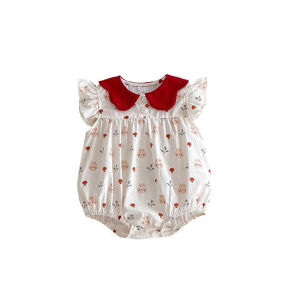 Baby Girls Mushrooms Print Fly Sleeves Peter Pan Collar Bodysuit