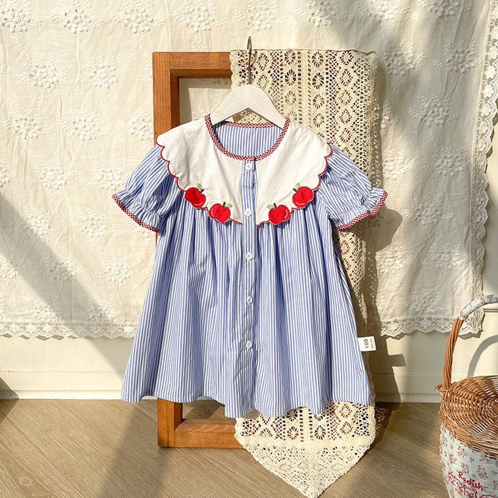 Baby Kids Girls Short Sleeves Single Breasted Apple Embroidery Collar Striped Dress