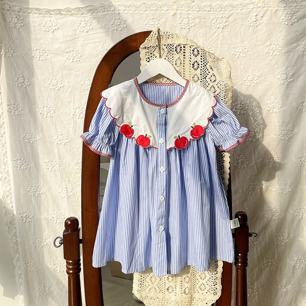 Baby Kids Girls Short Sleeves Single Breasted Apple Embroidery Collar Striped Dress