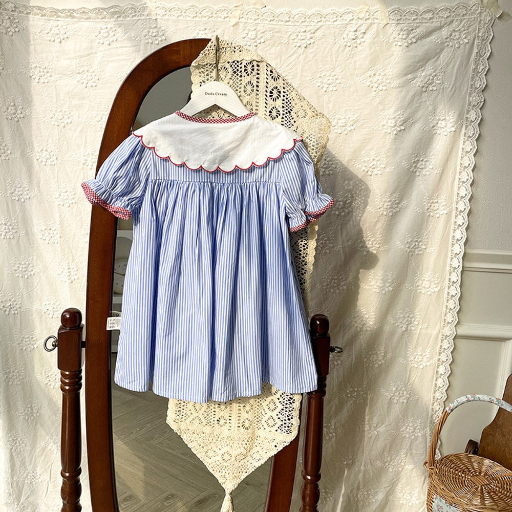 Baby Kids Girls Short Sleeves Single Breasted Apple Embroidery Collar Striped Dress
