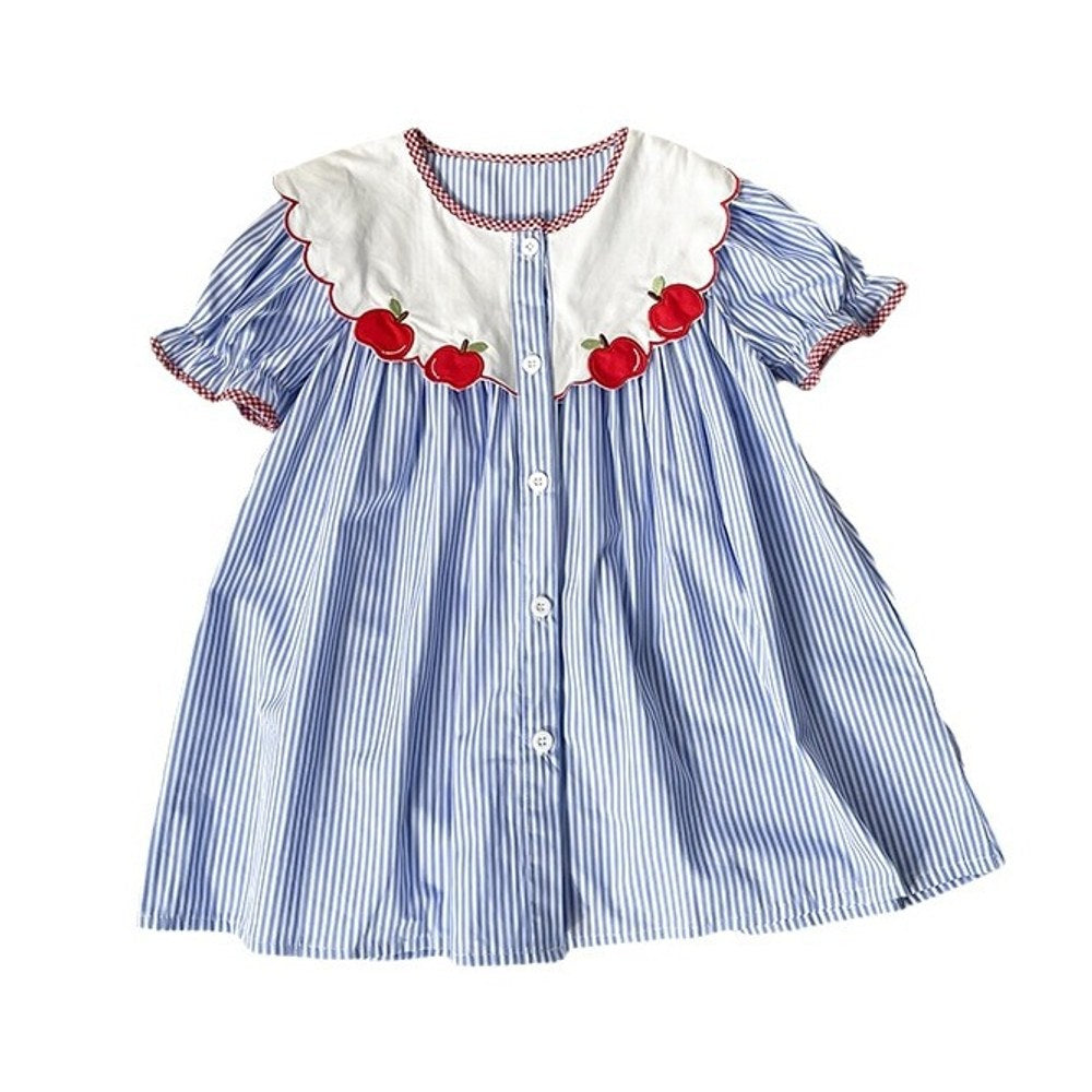 Baby Kids Girls Short Sleeves Single Breasted Apple Embroidery Collar Striped Dress