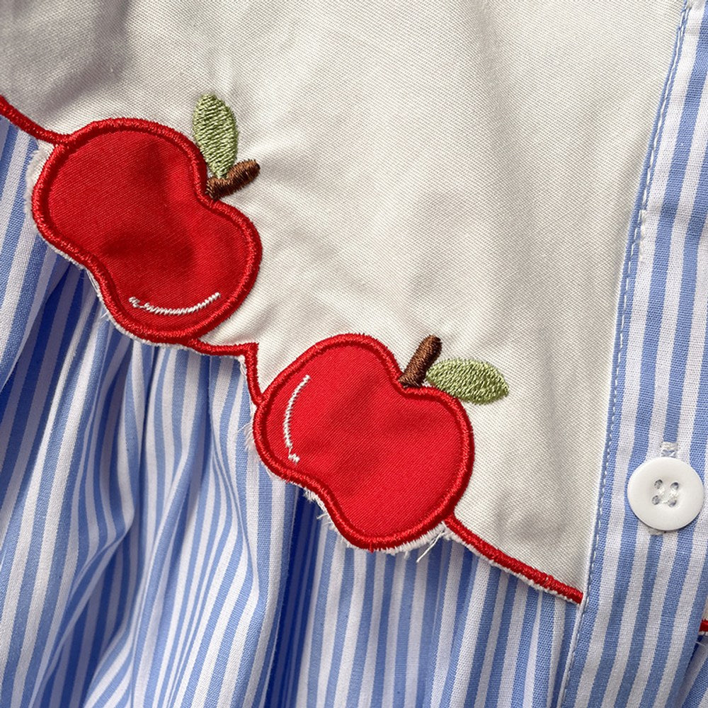 Baby Kids Girls Short Sleeves Single Breasted Apple Embroidery Collar Striped Dress