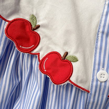 Baby Kids Girls Short Sleeves Single Breasted Apple Embroidery Collar Striped Dress