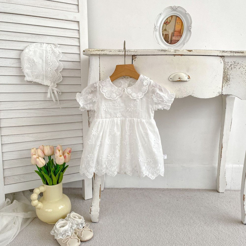 Baby Girls Flower-Embroidered Short Sleeves White Bodysuit Dress