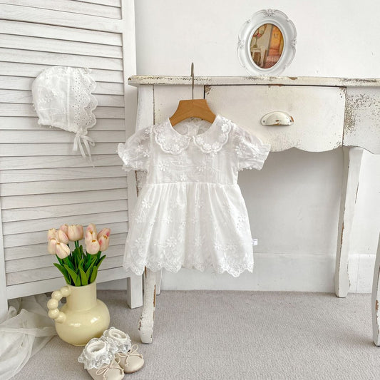 Baby Girls Flower-Embroidered Short Sleeves White Bodysuit Dress