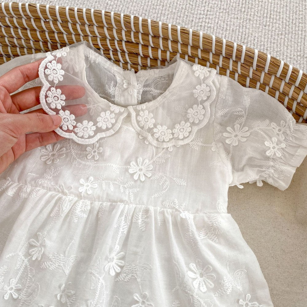 Baby Girls Flower-Embroidered Short Sleeves White Bodysuit Dress