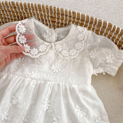 Baby Girls Flower-Embroidered Short Sleeves White Bodysuit Dress