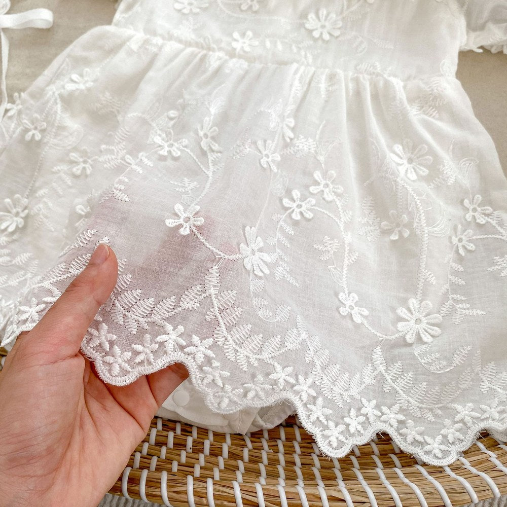 Baby Girls Flower-Embroidered Short Sleeves White Bodysuit Dress