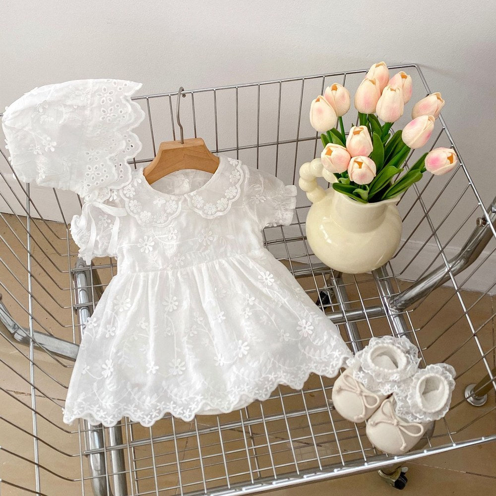 Baby Girls Flower-Embroidered Short Sleeves White Bodysuit Dress