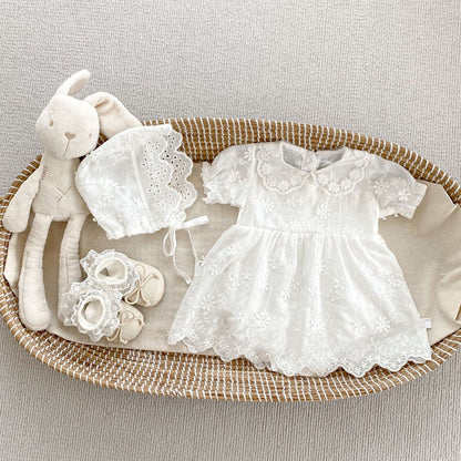 Baby Girls Flower-Embroidered Short Sleeves White Bodysuit Dress