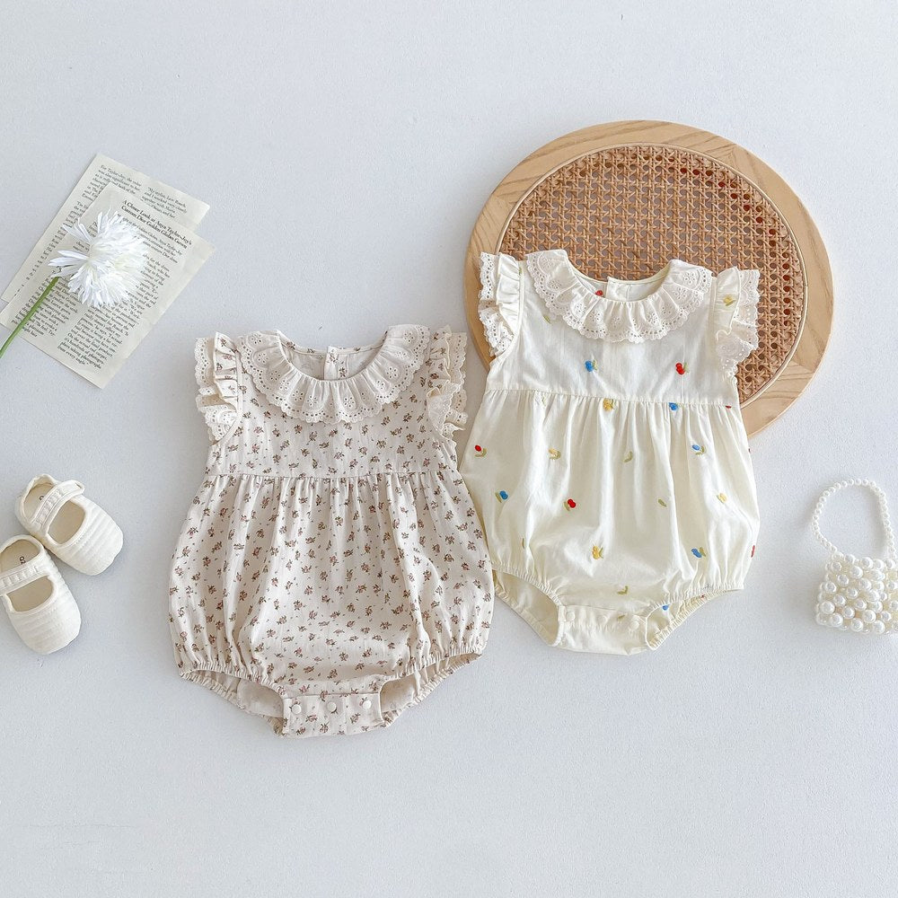 Baby Kids Girls Floral Pattern Sleeveless Hollow Out Collar Bodysuit