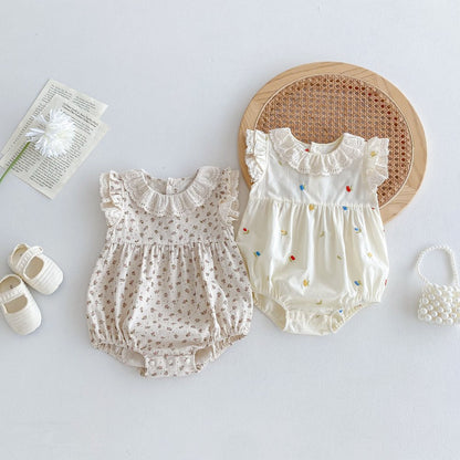 Baby Kids Girls Floral Pattern Sleeveless Hollow Out Collar Bodysuit