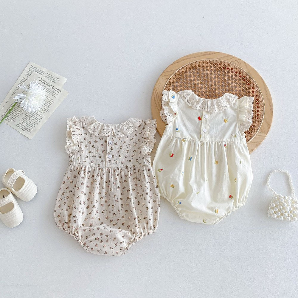 Baby Kids Girls Floral Pattern Sleeveless Hollow Out Collar Bodysuit