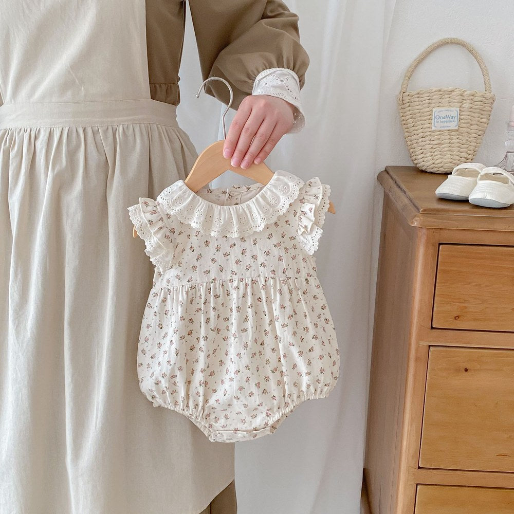 Baby Kids Girls Floral Pattern Sleeveless Hollow Out Collar Bodysuit
