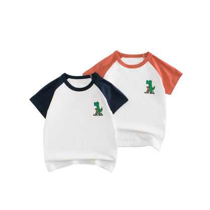 KIDS Boys Dinosaur Pattern Logo Color Patchwork T-shirt in European and American Style
