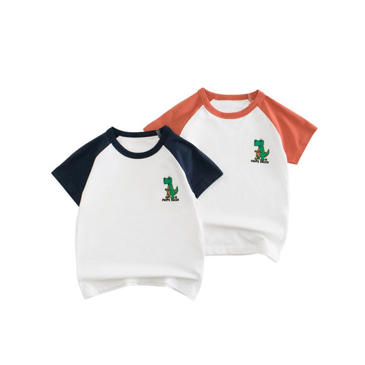 KIDS Boys Dinosaur Pattern Logo Color Patchwork T-shirt in European and American Style