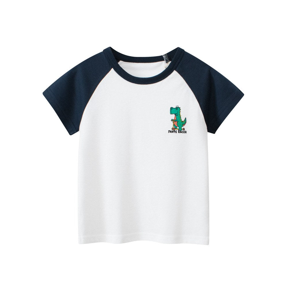 KIDS Boys Dinosaur Pattern Logo Color Patchwork T-shirt in European and American Style