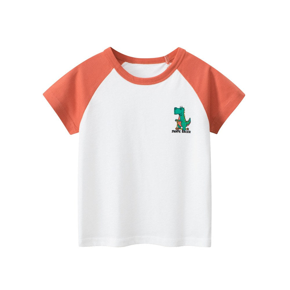 KIDS Boys Dinosaur Pattern Logo Color Patchwork T-shirt in European and American Style