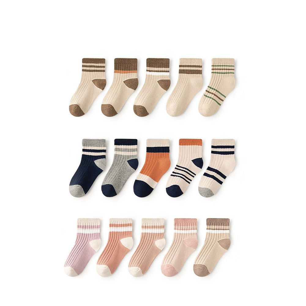 Children's Socks Class A New Collection, Combed Cotton Striped Double-Needle Mid-Calf Socks for Boys, Simple and Comfortable Socks for Girls 1 Lot=5-Pair Set