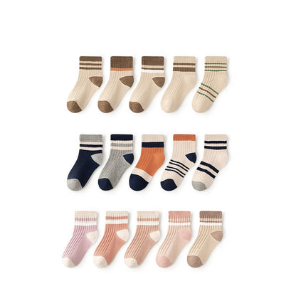 Children's Socks Class A New Collection, Combed Cotton Striped Double-Needle Mid-Calf Socks for Boys, Simple and Comfortable Socks for Girls 1 Lot=5-Pair Set