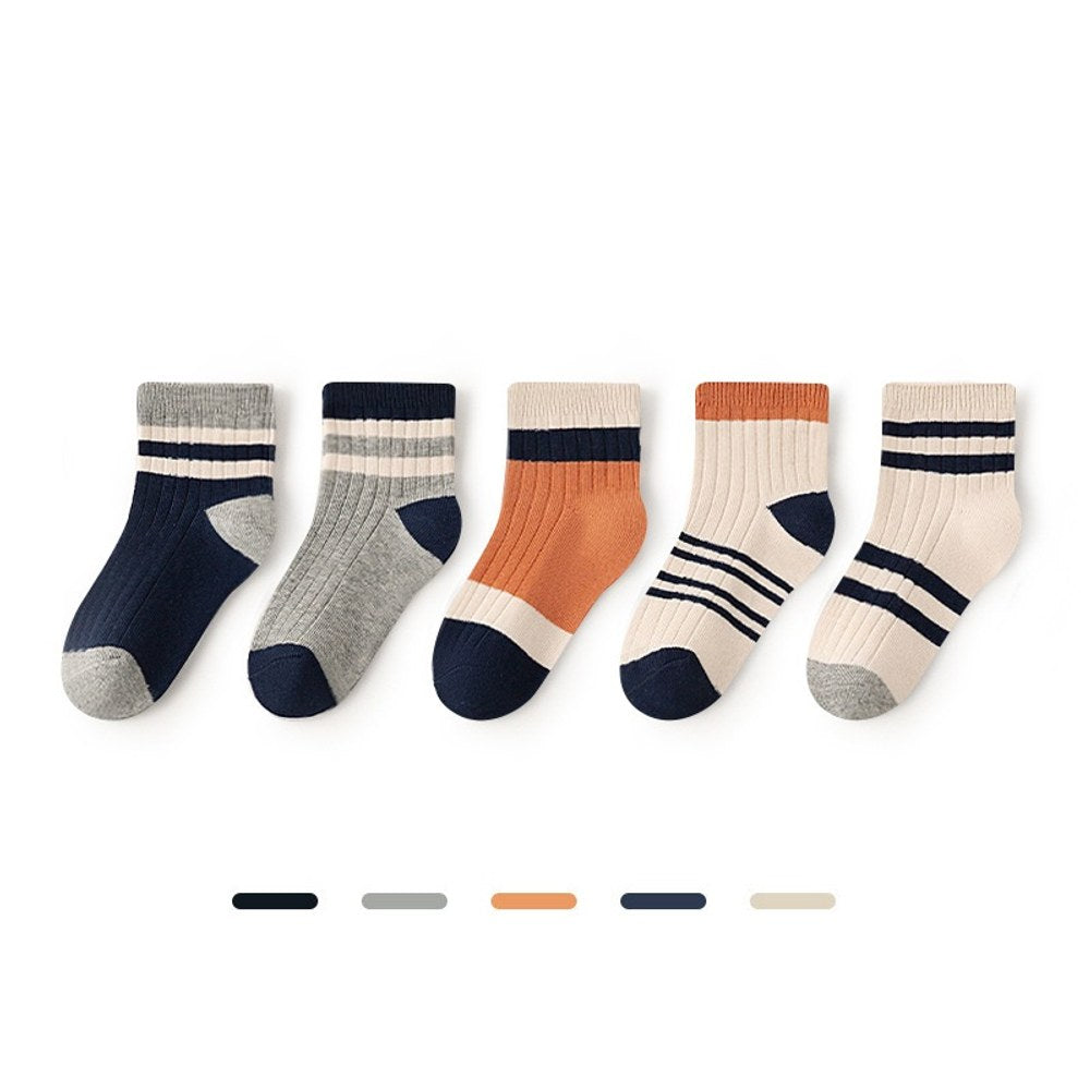 Children's Socks Class A New Collection, Combed Cotton Striped Double-Needle Mid-Calf Socks for Boys, Simple and Comfortable Socks for Girls 1 Lot=5-Pair Set