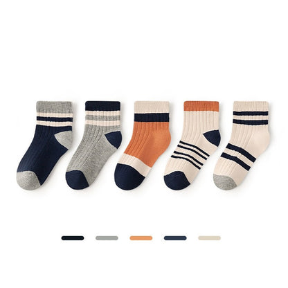 Children's Socks Class A New Collection, Combed Cotton Striped Double-Needle Mid-Calf Socks for Boys, Simple and Comfortable Socks for Girls 1 Lot=5-Pair Set