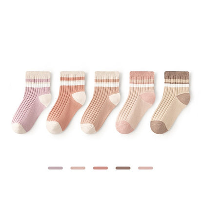 Children's Socks Class A New Collection, Combed Cotton Striped Double-Needle Mid-Calf Socks for Boys, Simple and Comfortable Socks for Girls 1 Lot=5-Pair Set