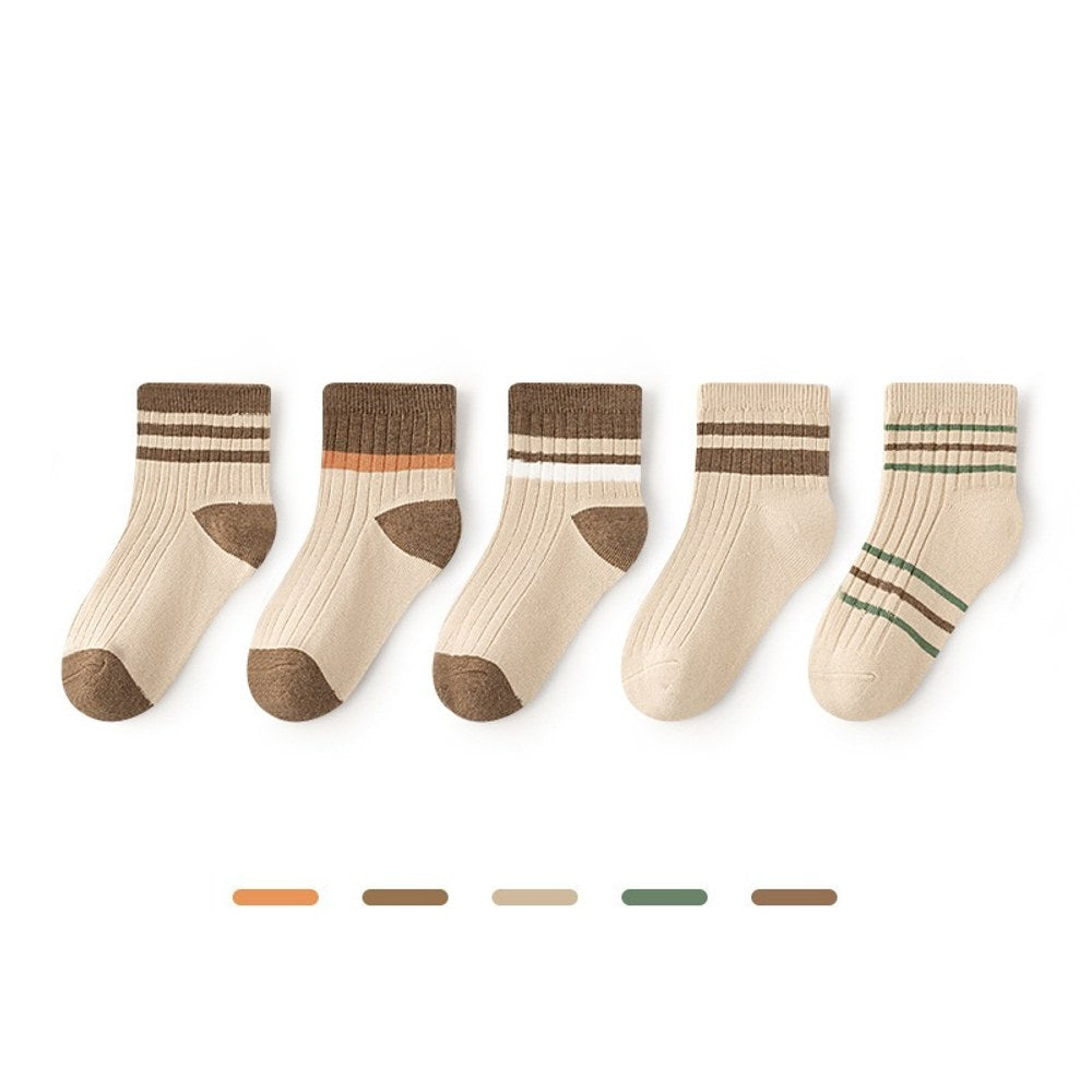 Children's Socks Class A New Collection, Combed Cotton Striped Double-Needle Mid-Calf Socks for Boys, Simple and Comfortable Socks for Girls 1 Lot=5-Pair Set