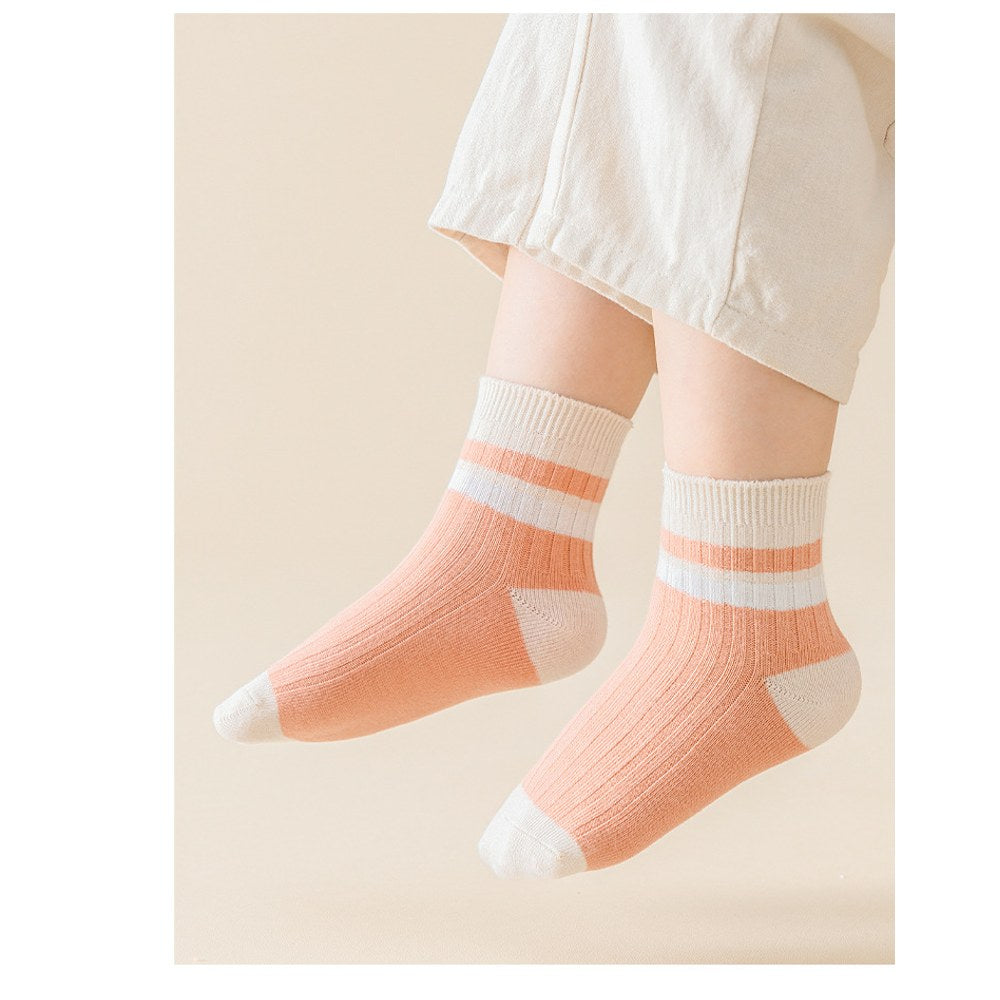Children's Socks Class A New Collection, Combed Cotton Striped Double-Needle Mid-Calf Socks for Boys, Simple and Comfortable Socks for Girls 1 Lot=5-Pair Set