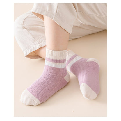 Children's Socks Class A New Collection, Combed Cotton Striped Double-Needle Mid-Calf Socks for Boys, Simple and Comfortable Socks for Girls 1 Lot=5-Pair Set