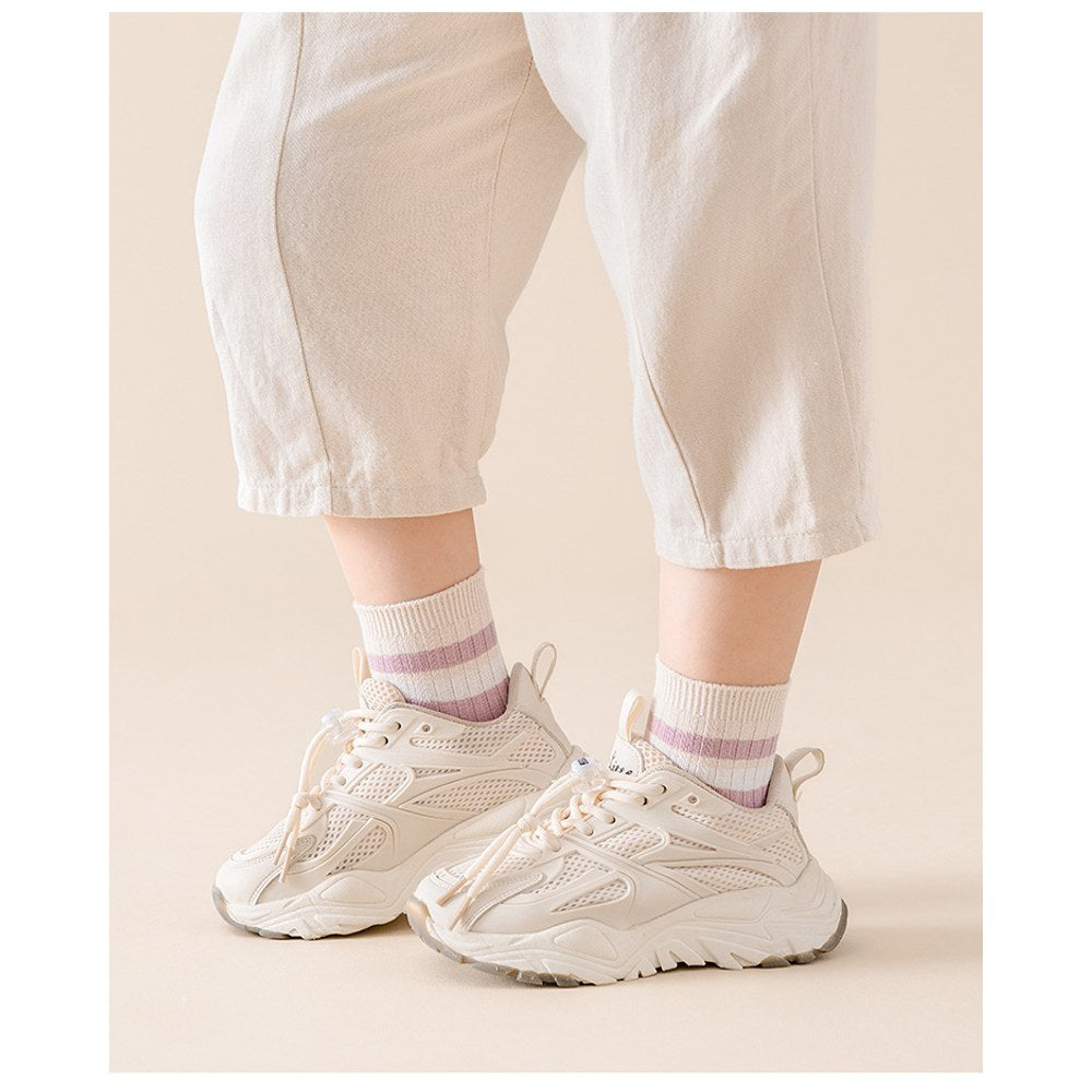 Children's Socks Class A New Collection, Combed Cotton Striped Double-Needle Mid-Calf Socks for Boys, Simple and Comfortable Socks for Girls 1 Lot=5-Pair Set