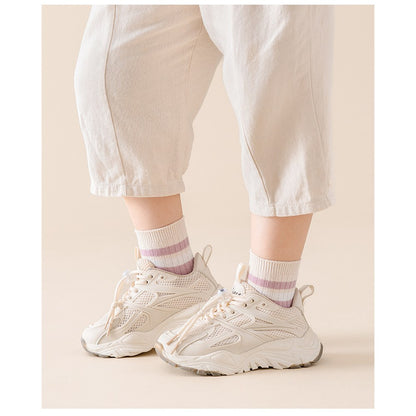 Children's Socks Class A New Collection, Combed Cotton Striped Double-Needle Mid-Calf Socks for Boys, Simple and Comfortable Socks for Girls 1 Lot=5-Pair Set