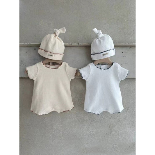 Baby Unisex Waffle Grid Short Sleeves Bodysuit and Hat