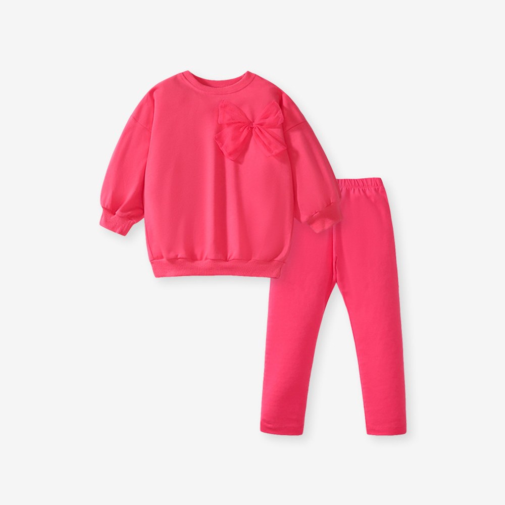Girls Red Solid Color Long Sleeves Big Bow Top Sweatshirt and Pants 2-piece Clothing Set