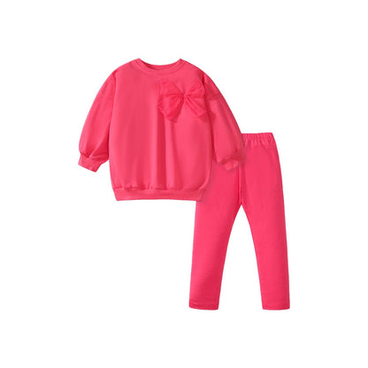 Girls Red Solid Color Long Sleeves Big Bow Top Sweatshirt and Pants 2-piece Clothing Set