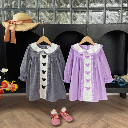 Girls Mickey Mouse Embroidery Pattern Long Sleeves Plaid Dress with Peter Pan Collar