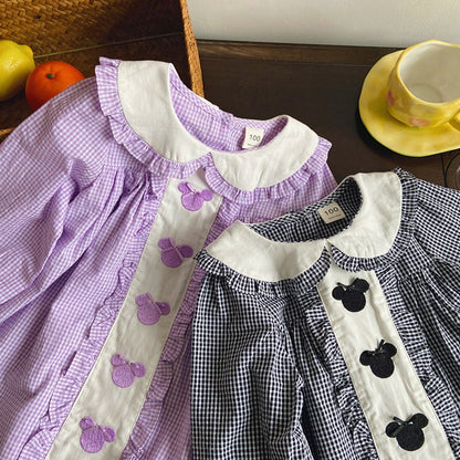 Girls Mickey Mouse Embroidery Pattern Long Sleeves Plaid Dress with Peter Pan Collar