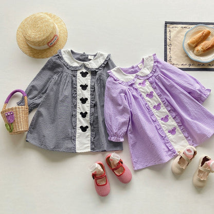 Girls Mickey Mouse Embroidery Pattern Long Sleeves Plaid Dress with Peter Pan Collar