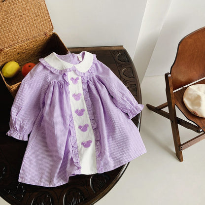 Girls Mickey Mouse Embroidery Pattern Long Sleeves Plaid Dress with Peter Pan Collar