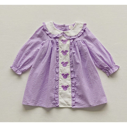 Girls Mickey Mouse Embroidery Pattern Long Sleeves Plaid Dress with Peter Pan Collar