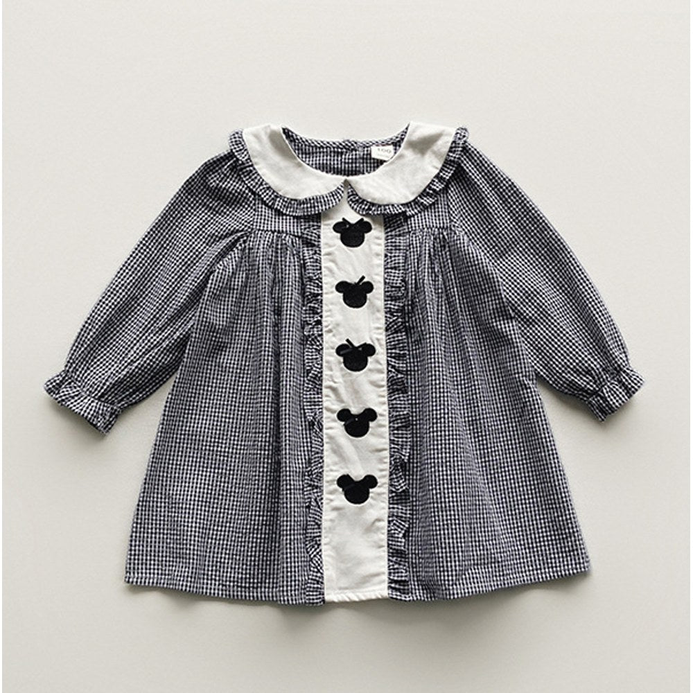Girls Mickey Mouse Embroidery Pattern Long Sleeves Plaid Dress with Peter Pan Collar